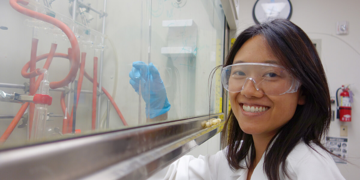 Michele Lee, materials science PhD student, synthesizes a UV responsive polymer. Photo courtesy of The Armani Lab