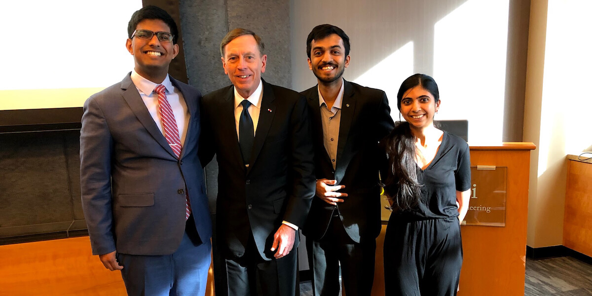 (Left to right) Joel Joseph, General David Petraeus, Kaushal Saraf and Varsha Varadarajan (Photo/Courtesy of Joel Joseph)