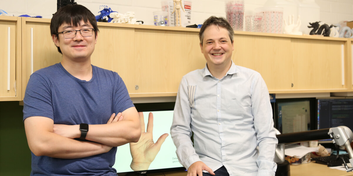USC Computer Science Professor Jernej Barbic and PhD candidate Bohan Wang developed the world’s most realistic model of the human hand’s musculoskeletal system in motion. Photo/Hoatian Mai.