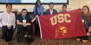 Students and lecturers from the Information Technology Program at USC Viterbi attend the Richard Tapia 2019 conference in San Diego, CA. From left to right: Evan Celaya, Rob Parke (senior lecturer), Sydney Turner, Randall Le, Hernan Soto, and Kendra Walther (senior lecturer). PHOTO/____