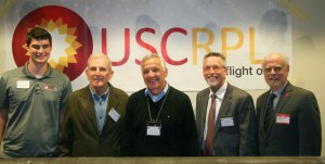 From left to right: USCRPL Chief Engineer and Lab Lead Neil Tewksbury, USC Viterbi Professor of Astronautics Joseph Kunc, USC Viterbi Dean Yannis Yortsos, Chair of the USC Viterbi Department of Astronautical Engineering Dan Erwin, and Executive Director of the Systems Architecting and Engineering program at USC Viterbi Azad Madni. PHOTO/ANNIE CHEN
