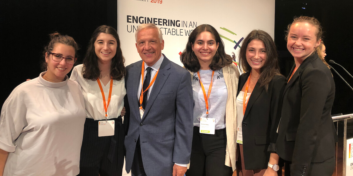 Dean Yannis Yortsos surrounded by members of Marlink, an all-female USC Viterbi team that participated in the Global Grand Challenges Summit international student business plan competition. (Photo/Courtesy of Yannis Yortsos)