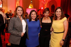 The night’s speakers included, from left, Senior Associate Dean for Viterbi Admissions and Student Engagement Kelly Goulis; USC Viterbi graduate and parent Usha Patel ’92, MS ’95; Jerome S. Linn Scholarship recipient and USC Trustee Scholar Arynn Gallegos ’20; and Senior Associate Dean of Advancement, Mary Ann Schwartz. (Photo Credit: Steve Cohn)