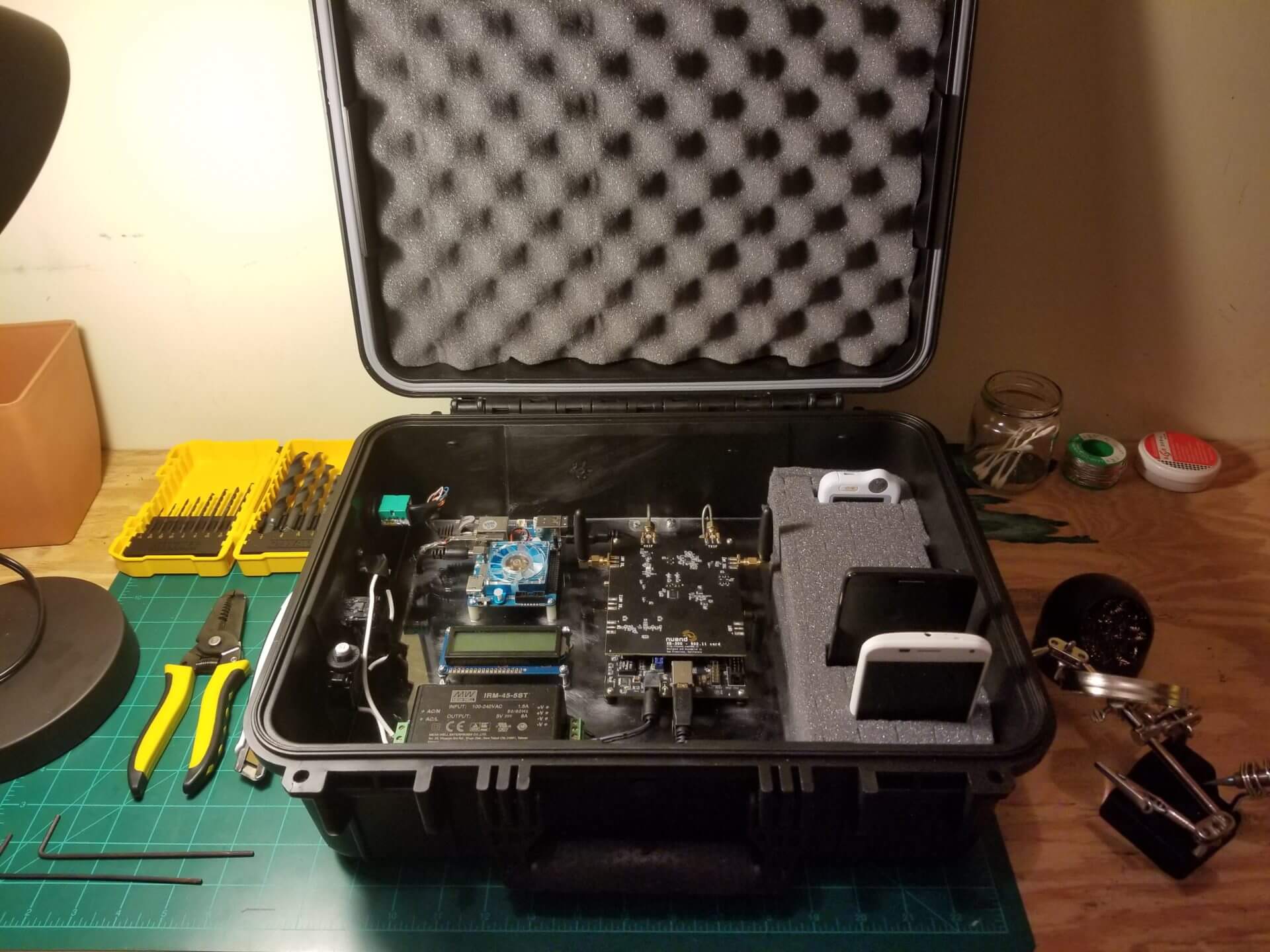 Inside of the Beamlilnk case, which includes which includes a cellular base station and test mobile phones and a portable EKG device. PHOTO/ARPAD KOVESDY.
