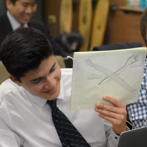 Viterbi students Lorand Cheng and Baran Cinbis demonstrate a rough sketch of their aircraft design. Photo credit: Nick Nuccio