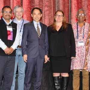 USC ISI's Yigal Arens (second from left) and Yolanda Gil (second from right) at AAAI 2020