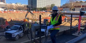 Lind conducting a concrete inspection, while a 500-yard pour was occurring. This was part of Lind's two-year internship with Turner Construction, at the New Natural Resources Headquarters in Sacramento, CA. PHOTO/JAIME HERRERA.
