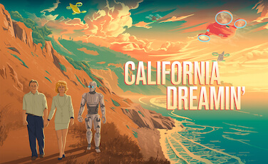 illustration of Dr. Allen and Charlotte Ginsburg with a robot along the California shore