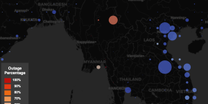 A map of internet outage across Myanmar and neighboring regions through Trinocular.
