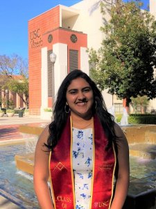 Picture of Shobhita Rajashekar on campus in front of the USC Viterbi School of Engineering Building