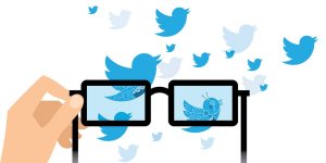 A graphic illustration of hands holding glasses and looking at Twitter logo birds through the lens