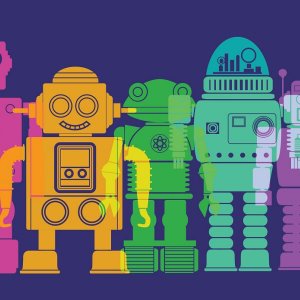 Colourful overlapping silhouettes of robots
