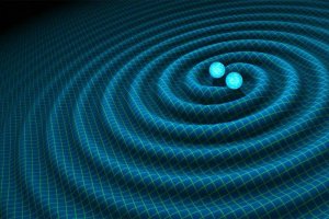 An artist’s impression shows gravitational waves generated by binary neutron stars.