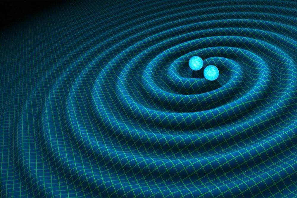 An artist’s impression shows gravitational waves generated by binary neutron stars.