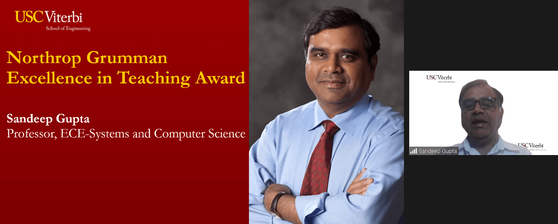 Sandeep Gupta accepts the Northrop Grumman Excellence in Teaching Award