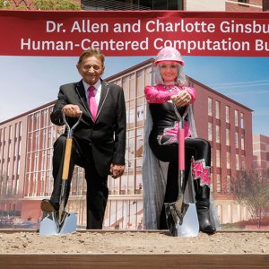 USC President Carol L. Folt, Dr. Allen and Charlotte Ginsburg and USC Viterbi School of Engineering Dean Yannis Yortsos at the groundbreaking event. Photo/Steve Cohn.