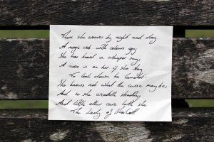 A picture of a white piece of paper with poetry written on it in black ink
