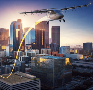 square image of sustainable aircraft leaving rooftop for short flight