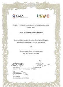 A photo of ISI team's ISWC Best Paper Award