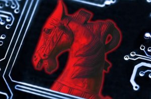 A graphic of a Knight chess piece (horse's head) inside of a circuit board