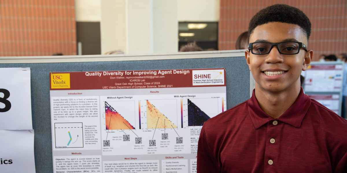 SHINE student Dion Walker, a rising sophomore at Great Oak High School, presented his research at the Poster Session. (Photo Courtesy of Richard Bolton)