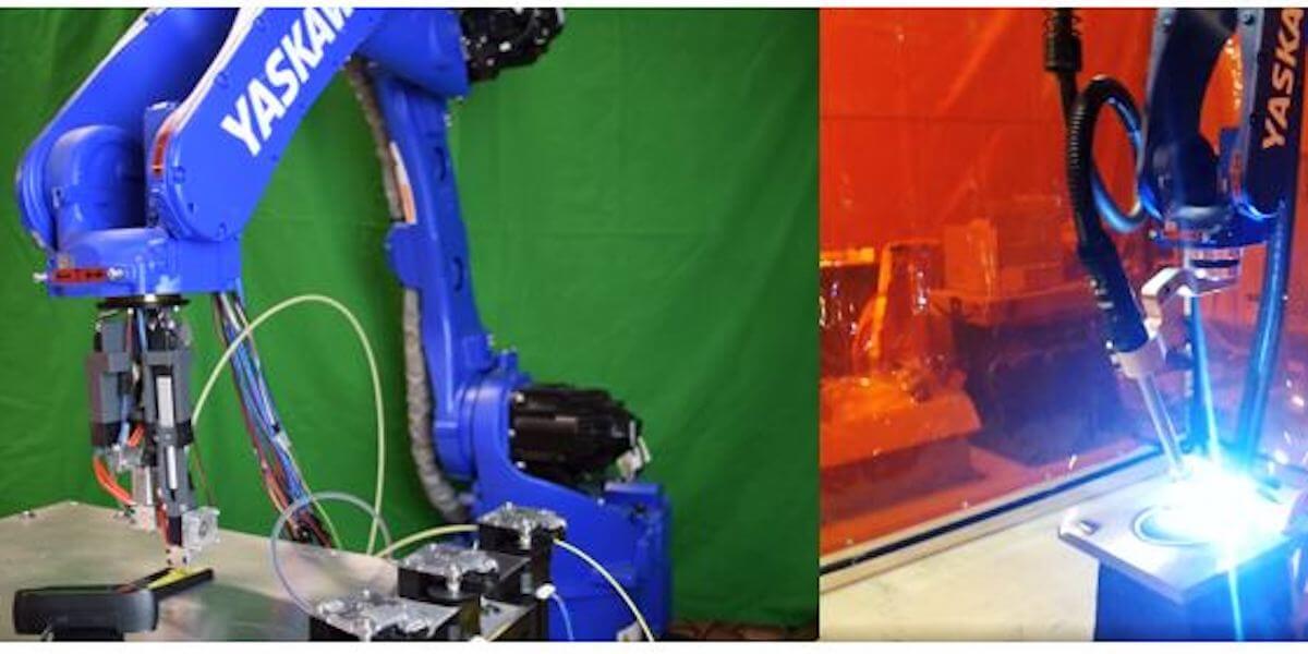 Robotic manufacturing processes which require high trajectory execution accuracy. (Left) robotic additive manufacturing and (right) robotic welding.(PHOTO/SK Gupta)