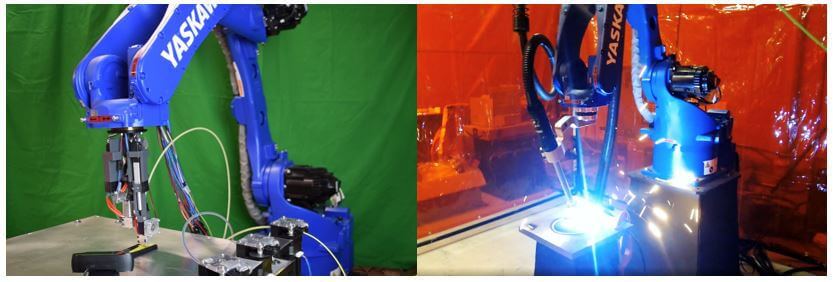 Robotic manufacturing processes which require high trajectory execution accuracy. (Left) robotic additive manufacturing and (right) robotic welding.(PHOTO/SK Gupta)