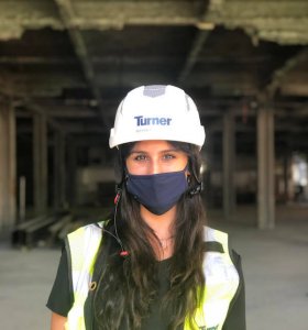 Viterbi Engineering Student Mayra Rodriguez on a construction site, wearing hard hat, square image.