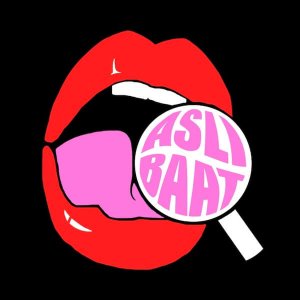 Asli Baat logo, lips licking lollipop with words asli baat on it