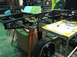 Construction on Traveler I is still ongoing. Image shows the suspension being assembled onto the car’s chassis. (Image Courtesy of Carroll)
