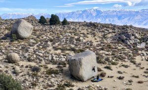 Powis embarks on one of her first highball experiences at Bishop, California on the "Jedi Mind Tricks” climb in the Pollen Grains. Image/Matthew Pozzi