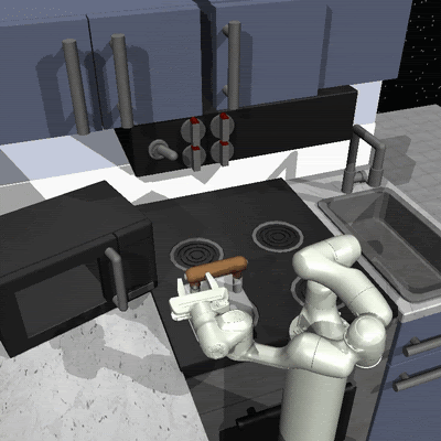 A simulated robotic arm trained to solve long-horizon kitchen manipulation tasks.