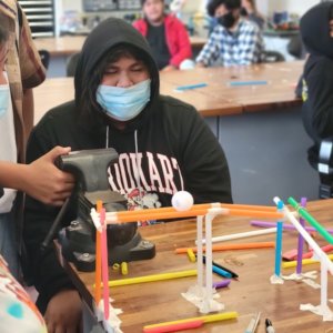 Students from Early College Academy build their own rollercoaster track at USC Viterbi's Biegler Hall of Engineering. PHOTO/JEFFREY VARGAS.