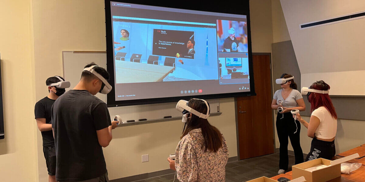 STUDENTS PARTICIPATE IN A VR EXERCISE IN TEACHER ELISABETH ARNOLD WEISS' WRITING CLASS 340 (Photo/courtesy Elisabeth Arnold Weiss)