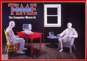 The Machine of the Year cover, with a plaster person by sculptor George Segal contemplating a concept computer which TIME commissioned from a design firm.