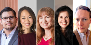 A collaborative team of researchers across USC been awarded a National Science Foundation (NSF) Convergence Accelerator grant to develop new technologies for persons with disabilities. Left to right: Stephen Aguilar; Sook Lei-Liew; Maja Matarić, Gisele Ragusa; Jesse Thomason. Photos/ USC Rossier/USC Viterbi.