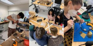 Image 1: student using drill, Image 2: a group of students prototyping, Image 3: A student using a soldering tool