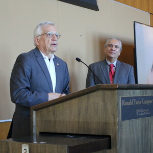 USC Viterbi Dean Yannis C. Yortsos and Francisco Valero-Cuevas launching the NSF DARE Conference. Image/Donny Assefa.