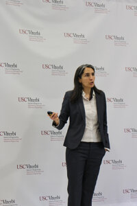 Professor Alejandra Uranga presenting her research at the ribbon cutting ceremony