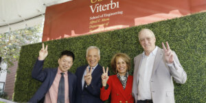 Alfred E. Mann Department of Biomedical Engineering Chair Peter Yingxiao Wang, USC Viterbi Dean Yannis C. Yortsos, USC President Carol L. Folt and Michael Dreyer, trustee of the Alfred E. Mann Charities. Image/Steve Cohn