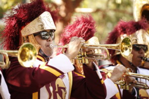 The Trojan Marching Band performs at the naming of the Alfred E. Mann Department of Biomedical Engineering. Image/Steve Cohn