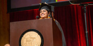 Akshita Swaminathan delivers the student commencement speech