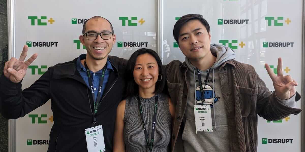 Ruby Zhang (Center) and her SoFiiT cofounders at the TechCrunch Disrupt 2023 Event in San Francisco. Photo Credit: Ruby Zhang