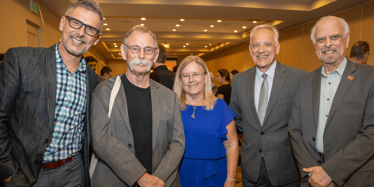 (Left-right) Guests included Professor Nenad Medvidović, chair of the Thomas Lord Department of Computer Science; Professor Neil Siegel; Marilee Wheaton, president of INCOSE; Yannis Yortsos, dean of the Viterbi School of Engineering; Professor Azad Madni. Photo/Noe Montes.