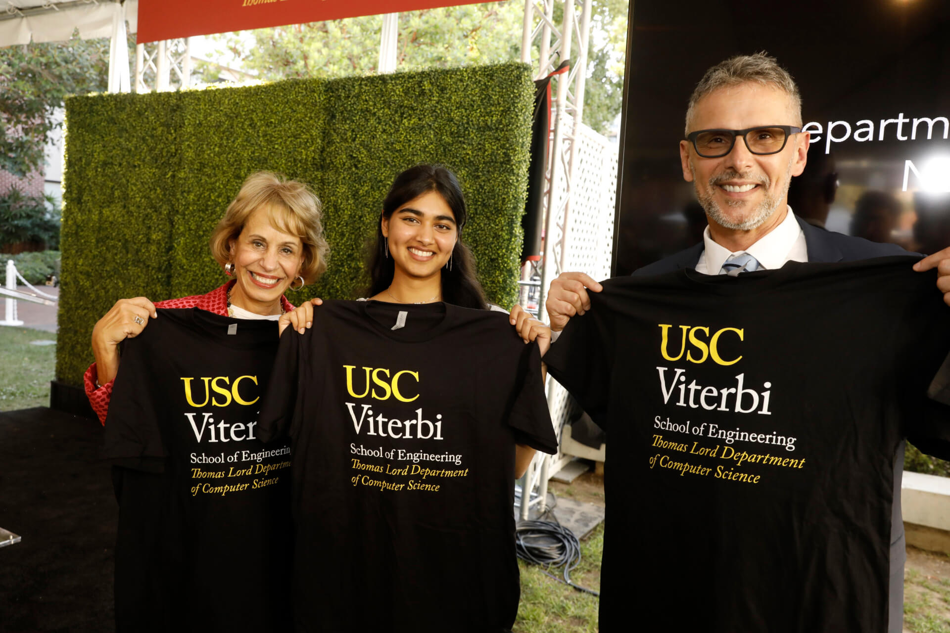 USC President Carol L. Folt with computer science student and speaker Lavanya Sharma and Chair of the Thomas Lord Department of Computer Science Nenad Medvidović. Photo/Steve Cohn.