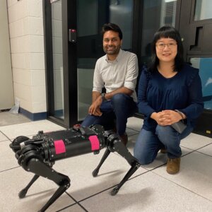 Somil Bansal and Feifei Qian outside a lab in the basement of the Hughes Aircraft Electrical Engineering Center, where Prof. Qian programs legged robots to adjust to various terrain when walking. Her work and Prof. Bansal's robotics work share commonalities. (USC Photo/Landon Hall)