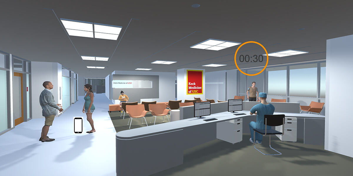 VR rendering of lobby environment at Keck School of Medicine of USC, with timer indicating active shooter threat