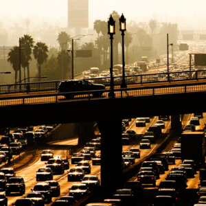 Rush hour in downtown Los Angeles on Interstate 10