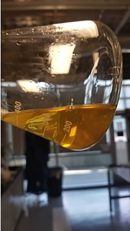 A flask of liquid extracts from oranges. The extracts can be used to derive bioactive compounds, gasoline and other chemical commodities