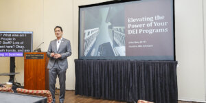 John Iino, USC’s interim associate senior vice president for alumni relations and CEO and founder of Cumbre Alta Advisors, closed the two-day event with a keynote speech about elevating the power of DEI programs. (Photo/Angel Ahabue)